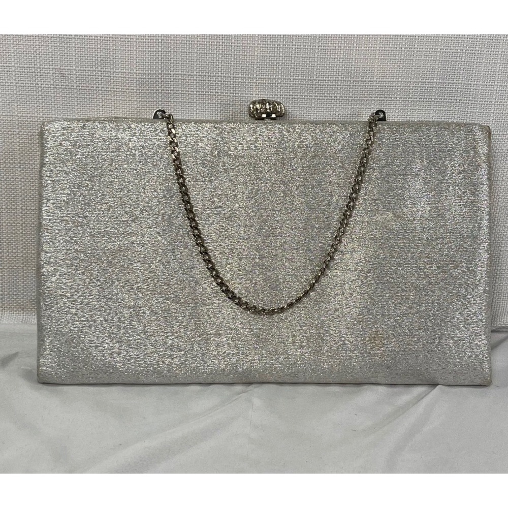 Vintage Joseph Magnin Silver Metallic Shimmer Clutch Bag with Chain Strap